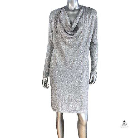 Jones New York JNY Silver Cowl Neck Metallic Sweater Dress L - Picture 1 of 7